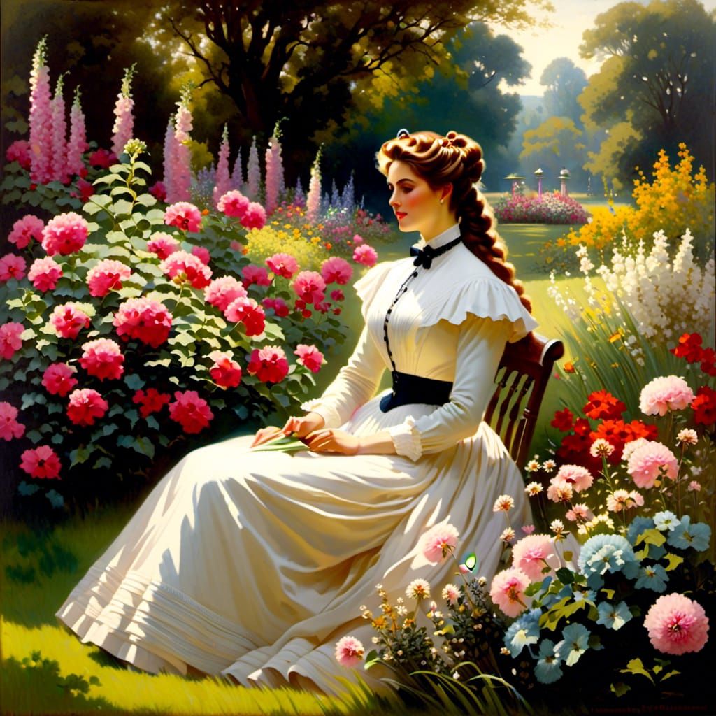 Victorian Woman in Flower Garden Oil Painting
