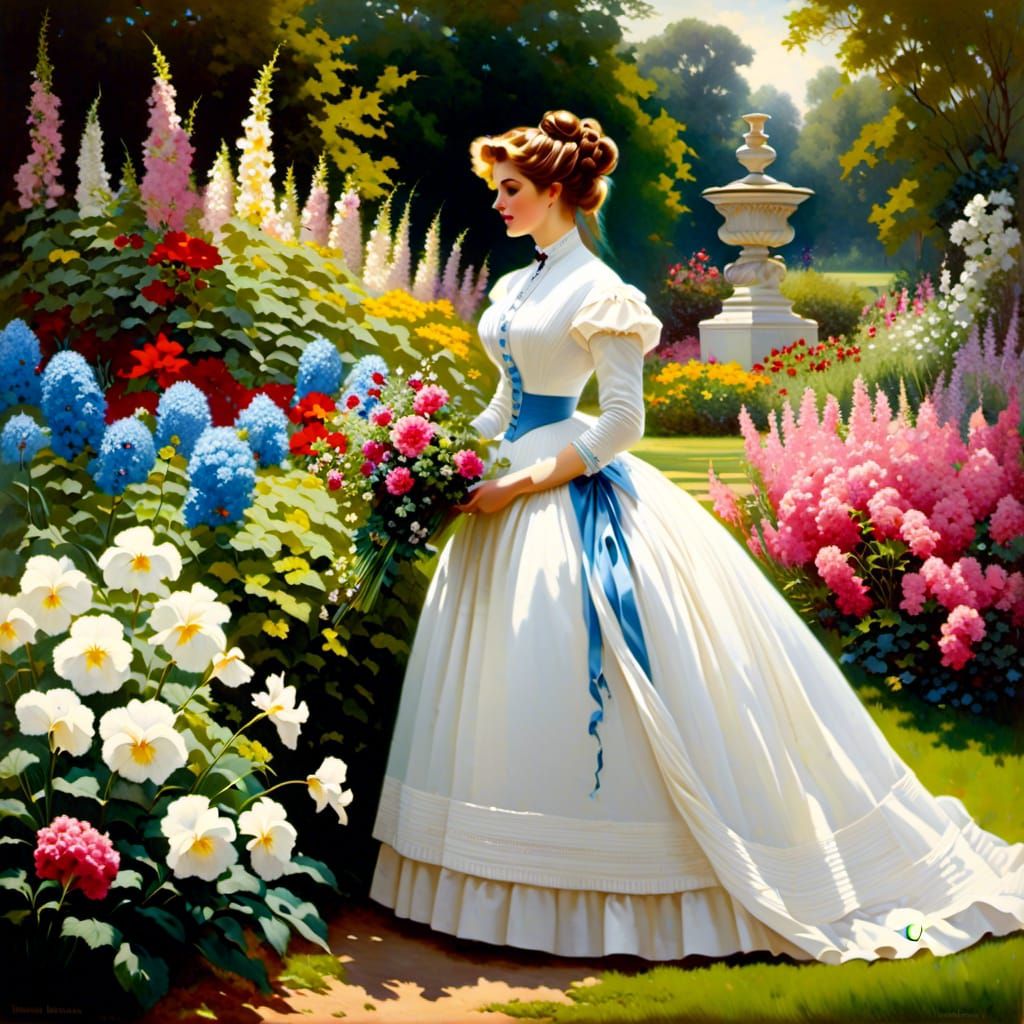 Victorian Woman in Flower Garden Oil Painting