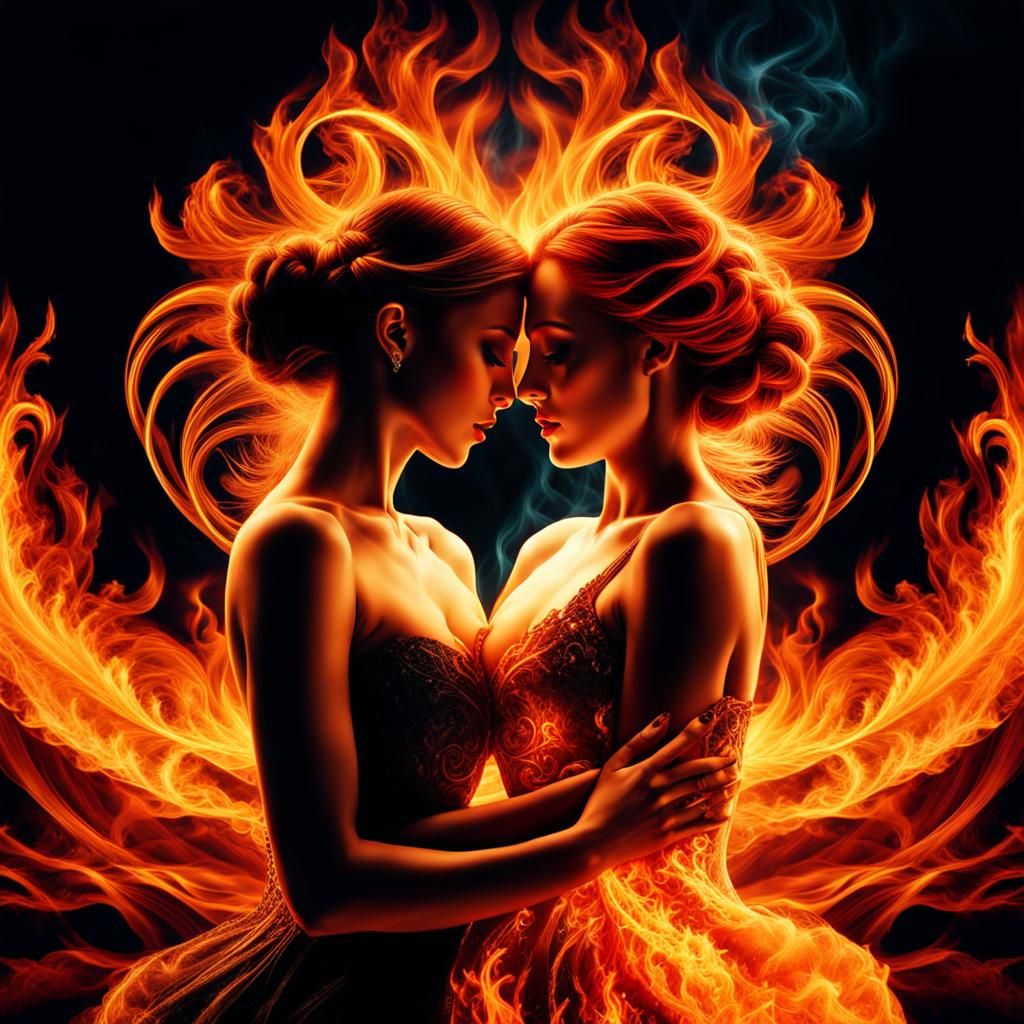 Fiery Lesbian Couple Dancing in Double Exposure