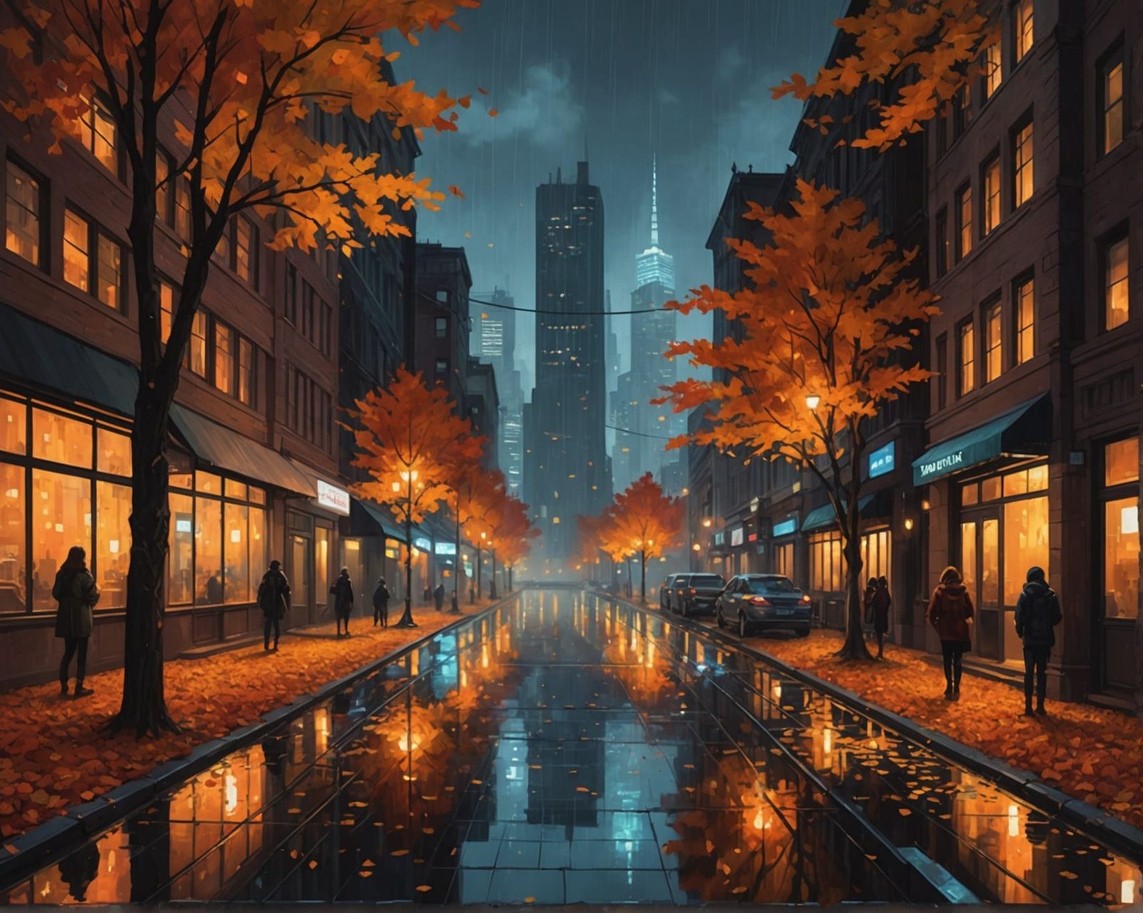 Cyberpunk City Park in Autumn Rain