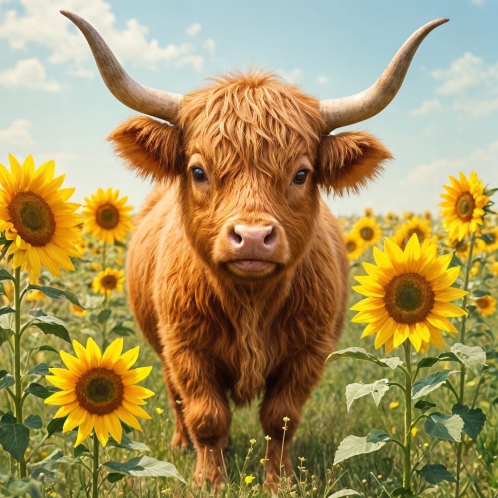 Highland Cow in Sunflower Field