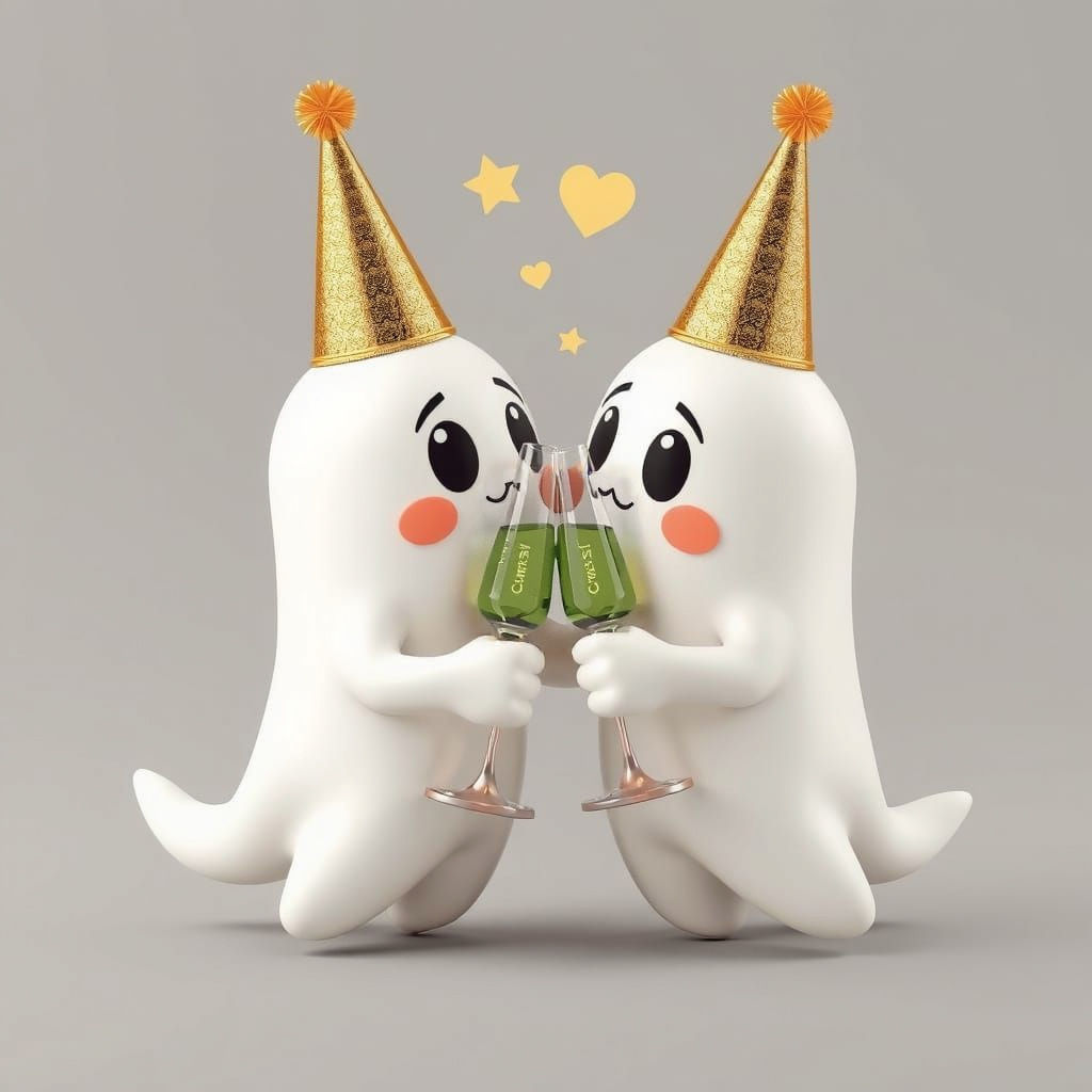 Cute Ghosts Celebrate New Year's Kissing with Champagne