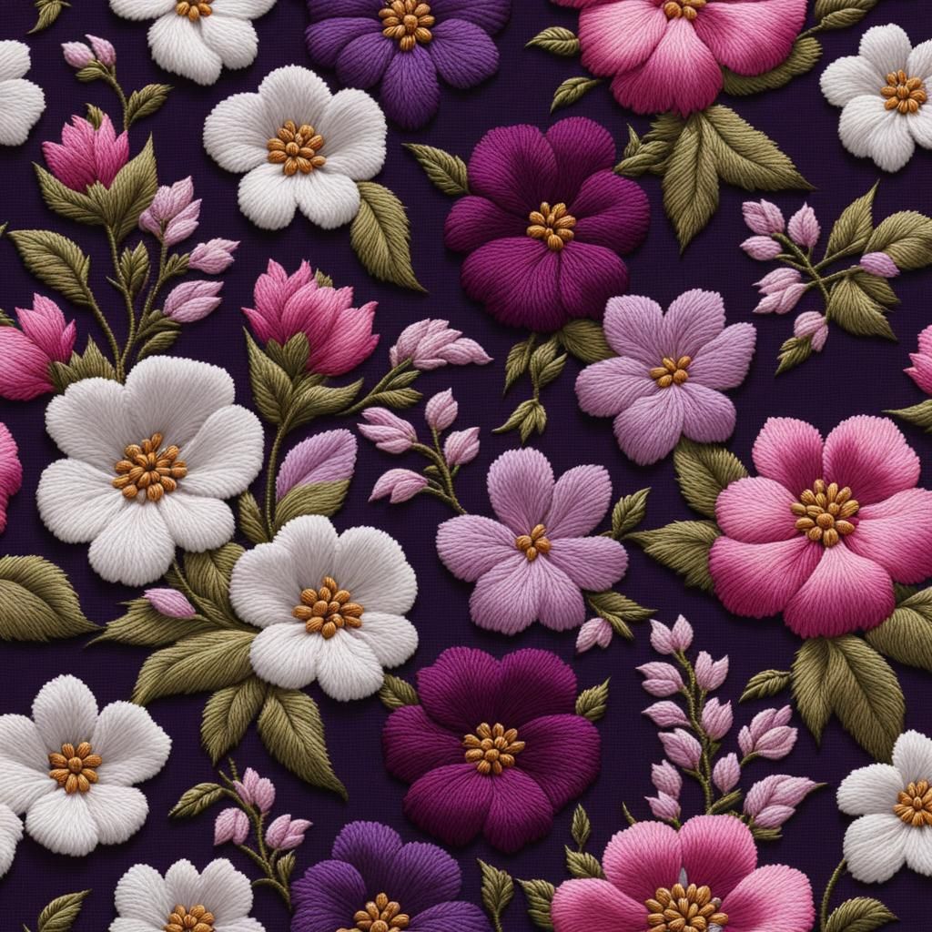 Intricate Embroidered Flowers on Linen in Detailed Matte Sty...