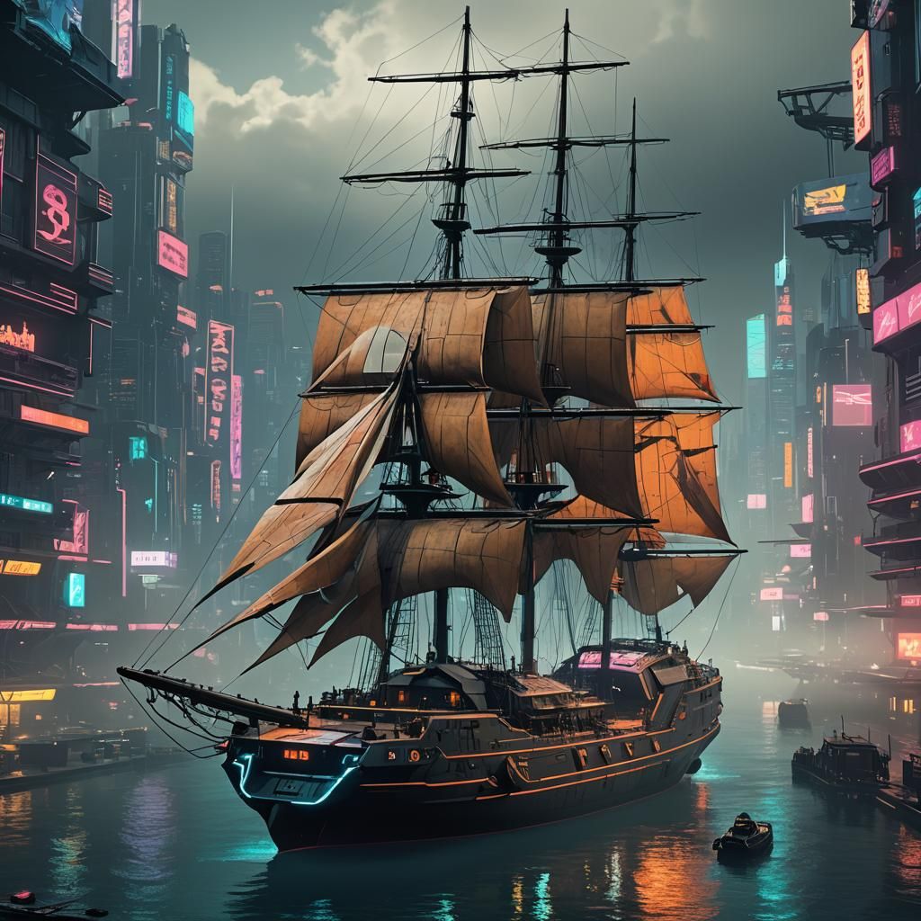 Cyberpunk Sailing Ship in Neon Cityscape
