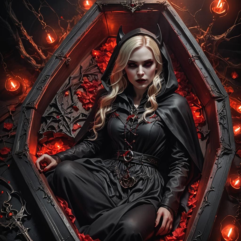 Blonde Vampire in Coffin Holding Enchanted Key