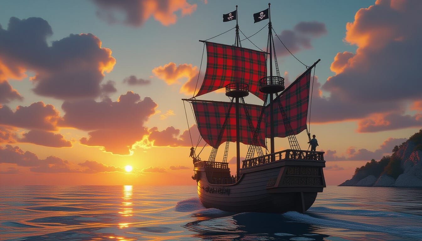 Pirate Ship with Plaid Sail at Sunset