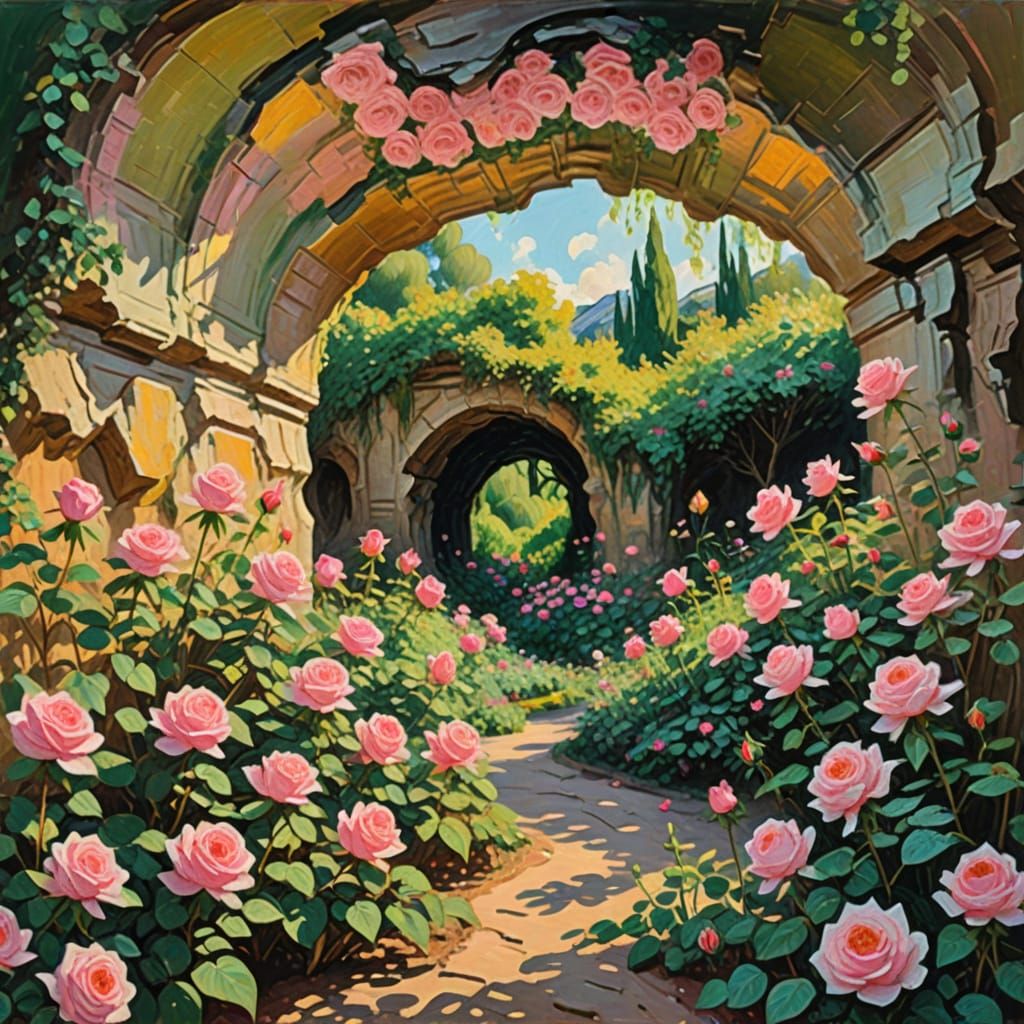 Rose Garden Cave in Impressionist Gouache Style