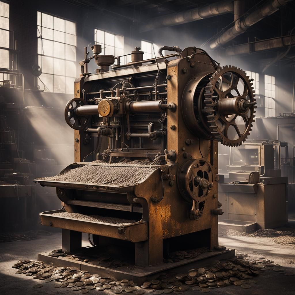 Idle Coin Machine in Dim Factory: Industrial Surrealism