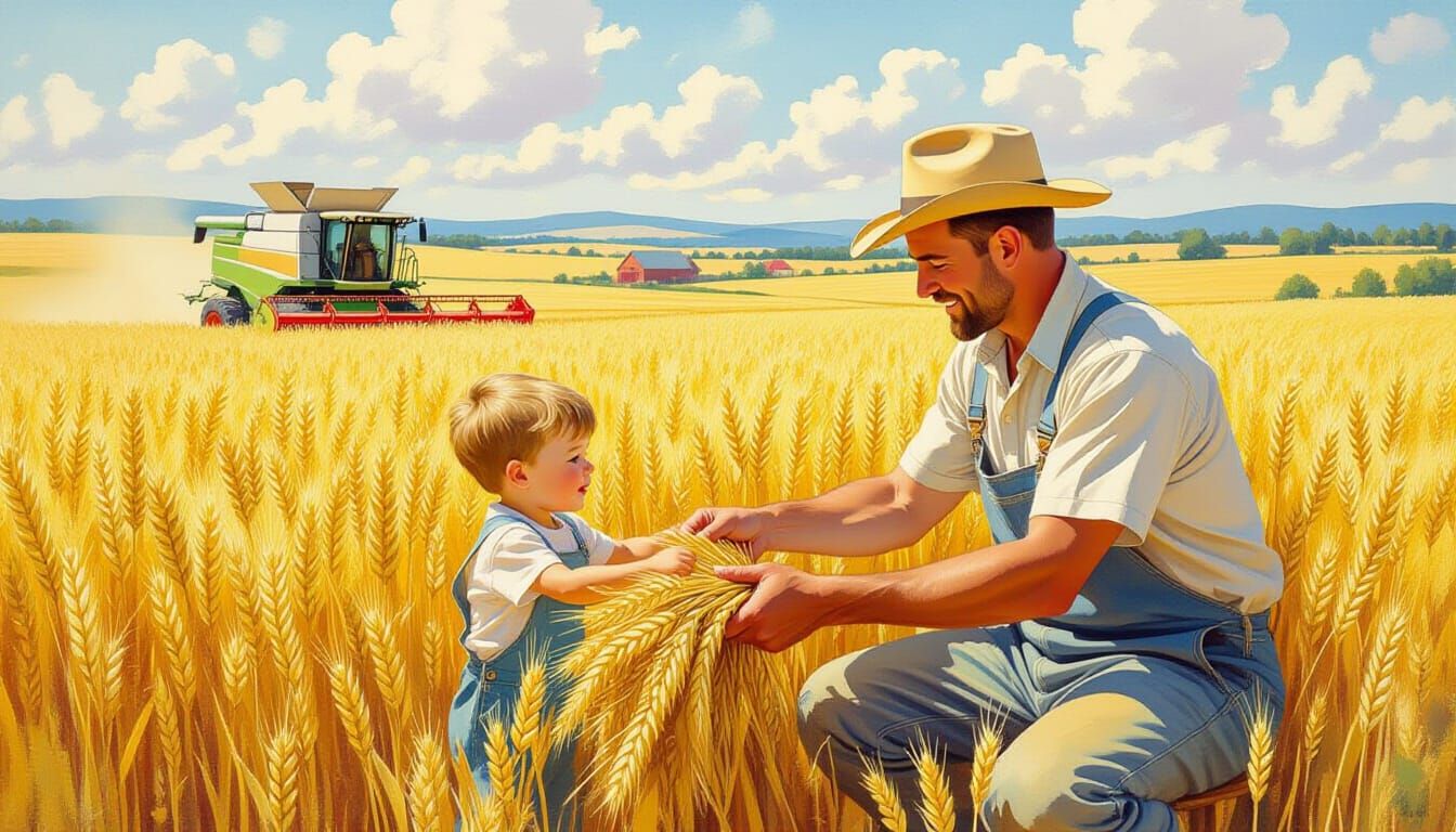 Father and Son Harvest Wheat in Cheerful Folk Art