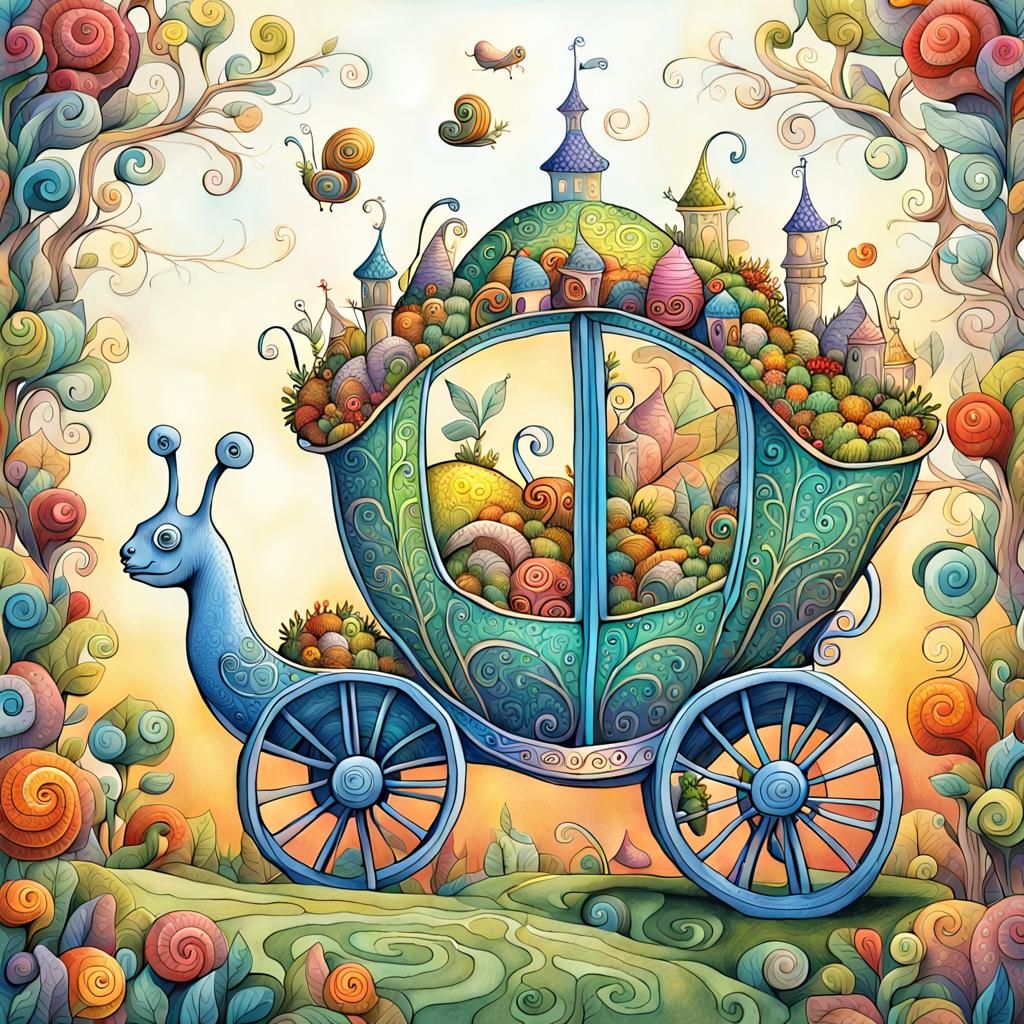 Snail-Drawn Carriage in Whimsical Fairytale Landscape