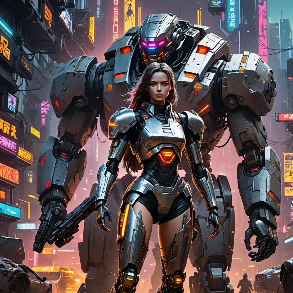Cyberpunk Cyborg Girl with Iron Golem