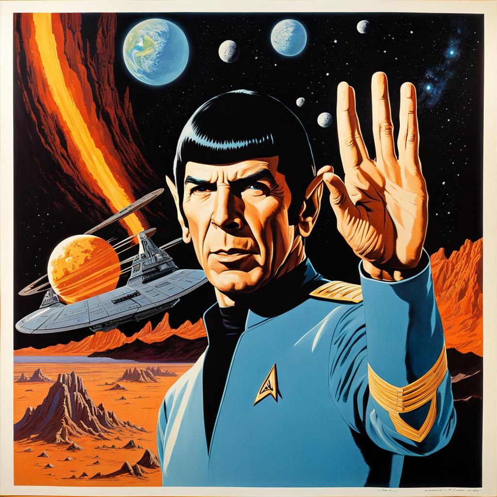 Mr. Spock's Volcanic High Five in Retrofuturistic Sci-Fi Sty...