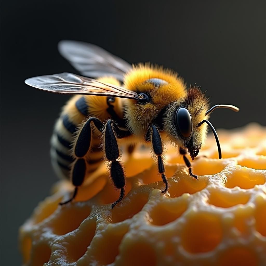 Detailed Black and White Honey Bee on Honeycomb