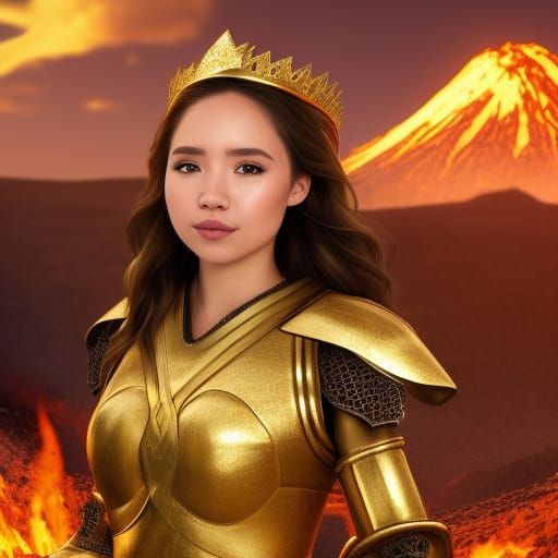 Fantasy Gold Armor Portrait Before Volcano