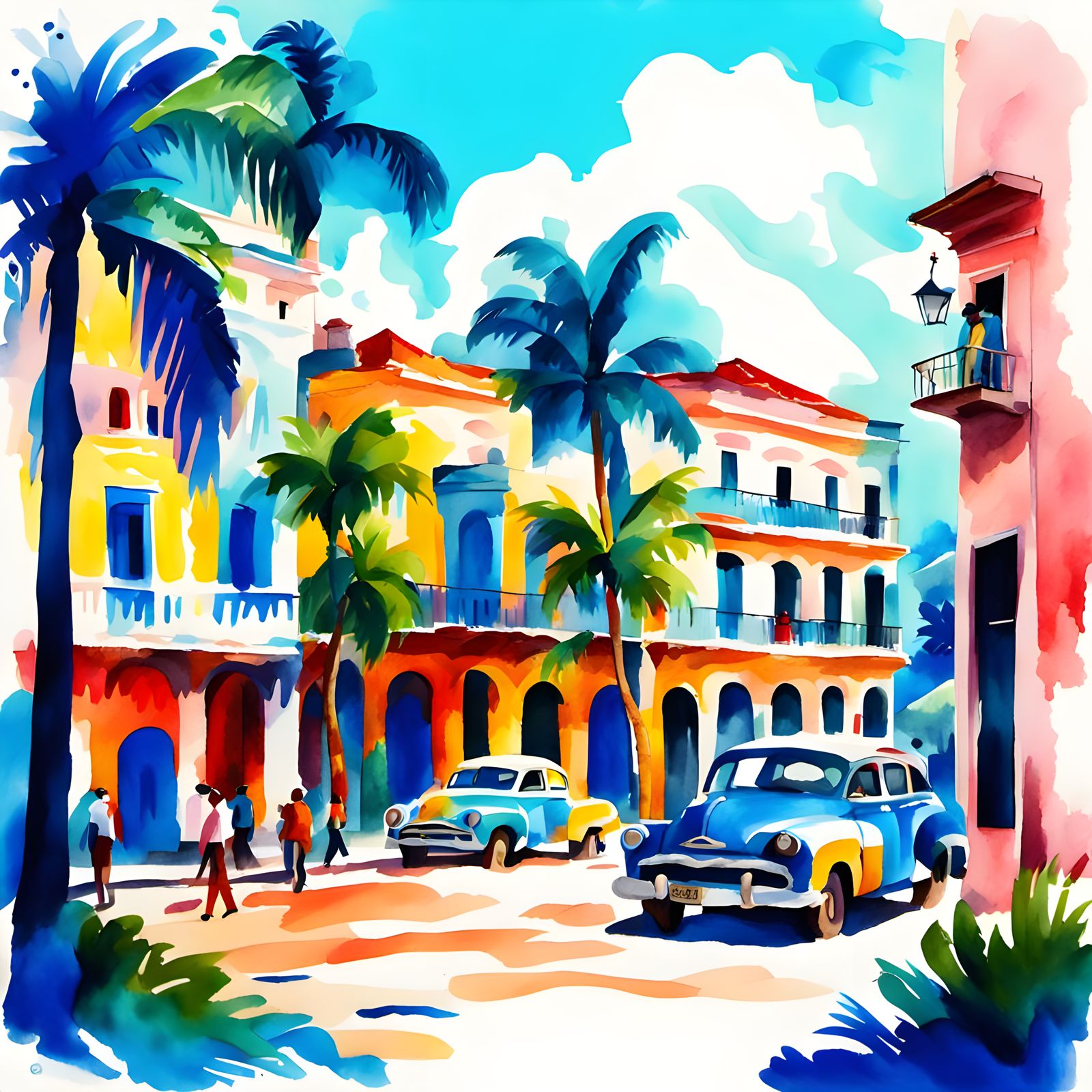 Sunny Cuban Scene in Watercolor Style