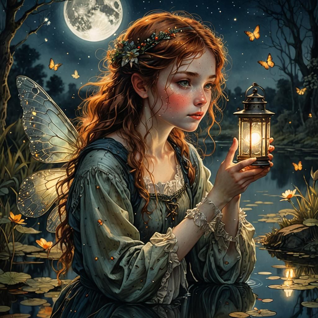 Mystical Fairy Reflection in Moonlit Pond