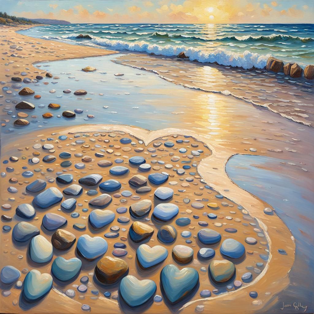 Romantic Beach Heart in Impressionist Oil Painting