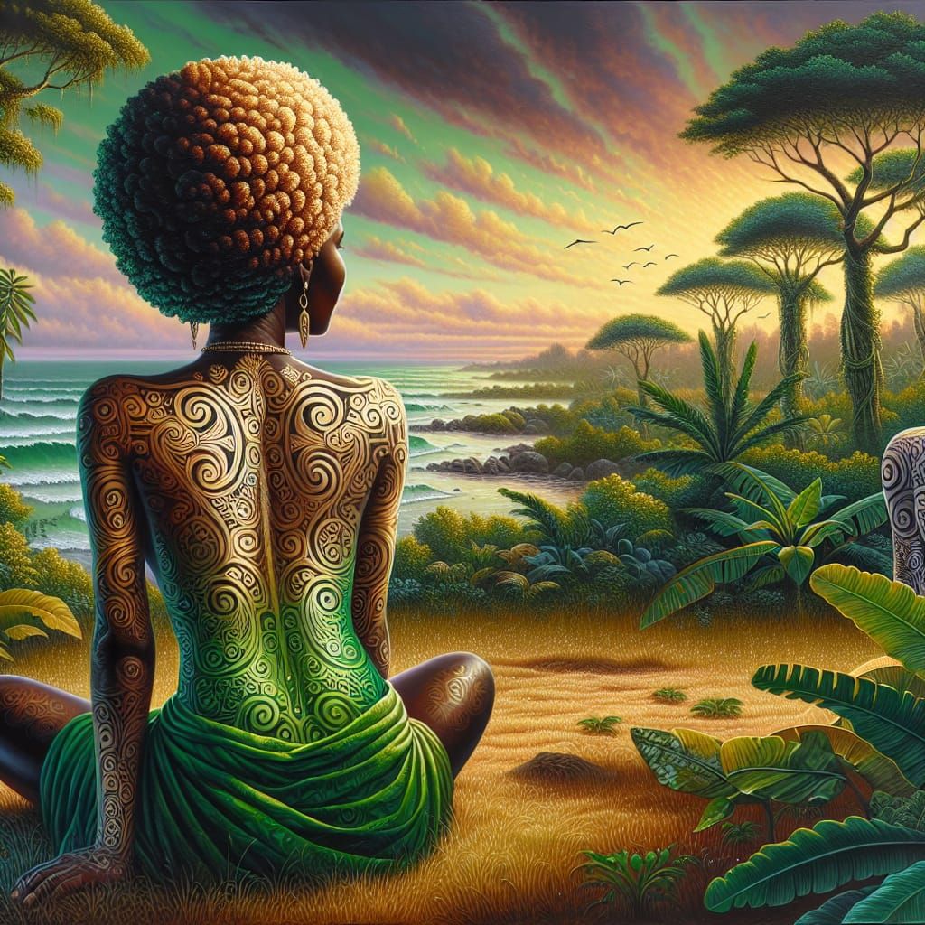 Regal Woman Observes Jungle Sunrise as Oil Painting