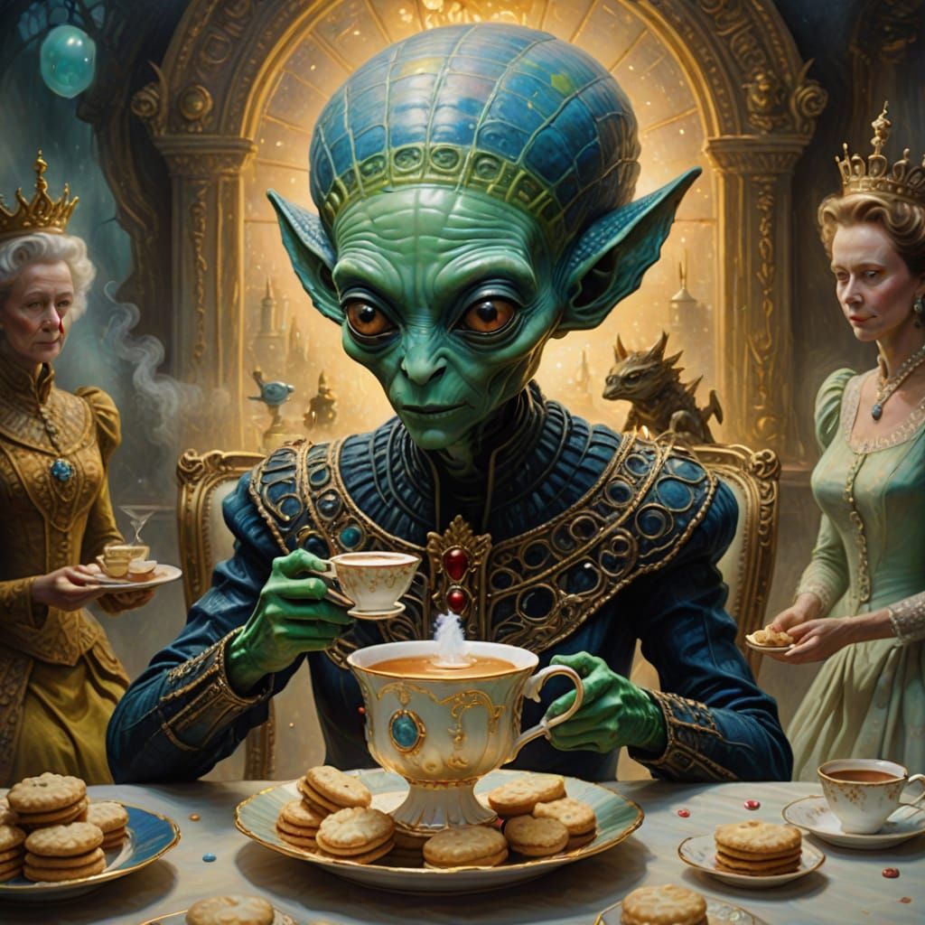 Alien and Queen Tea Party as Impressionist Painting