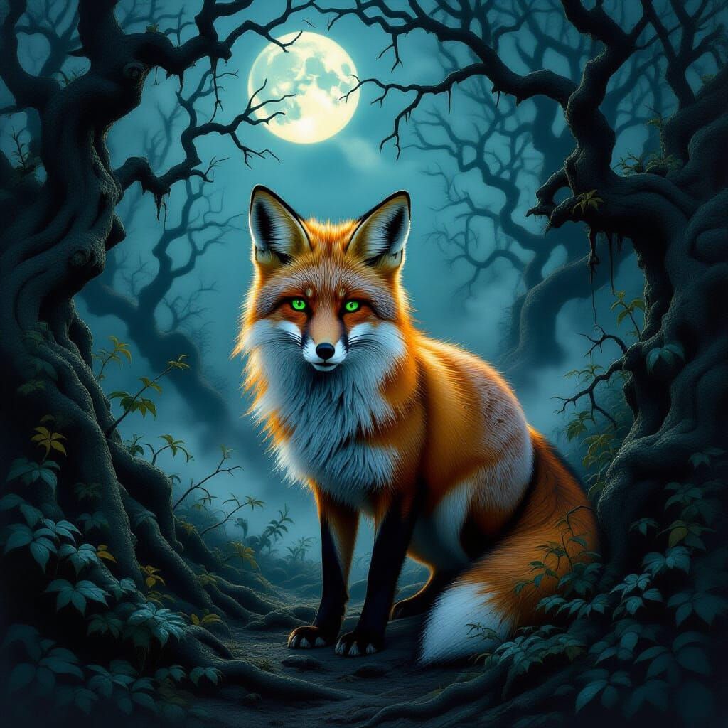 Gothic Red Fox in Moonlit Forest Oil Painting