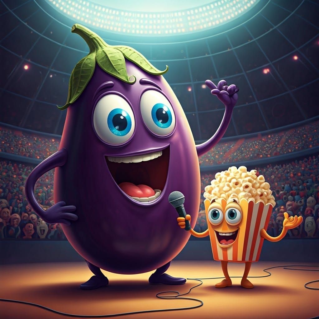 Giant Eggplant Sings Karaoke with Popcorn in Whimsical Arena...