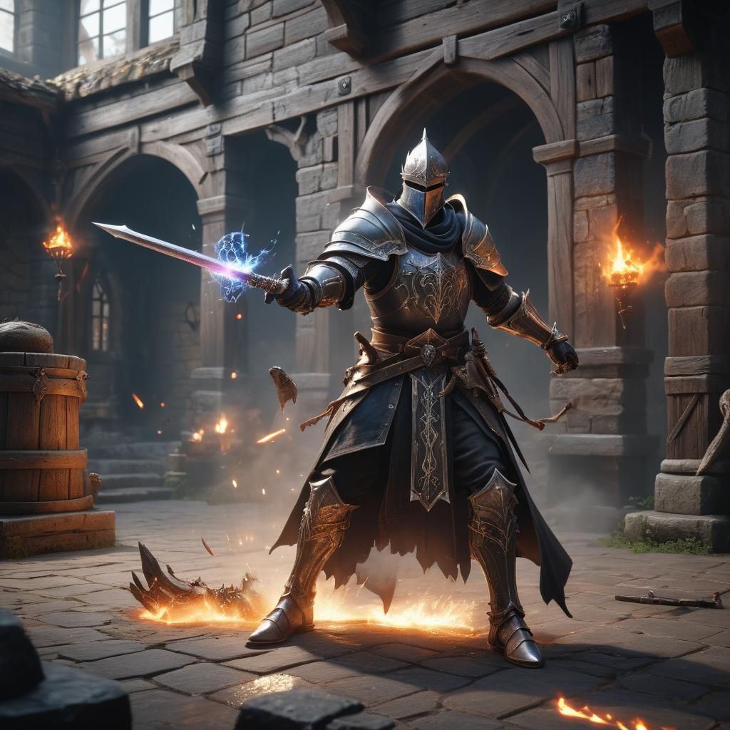 Sorcerer Knight Fighting Monsters in 3D Cinematic Style