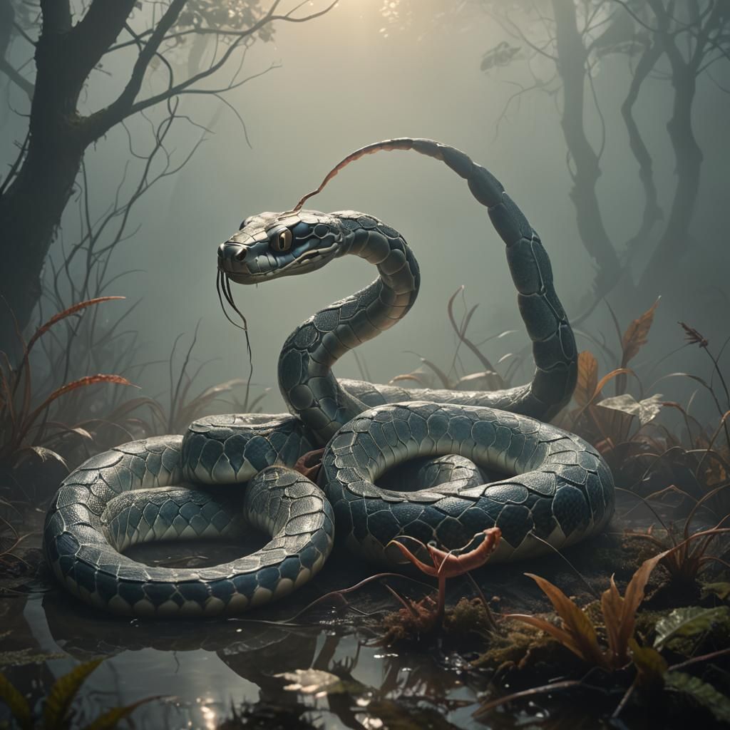 Ethereal Fantasy: Giant Snake Emerges from Mist
