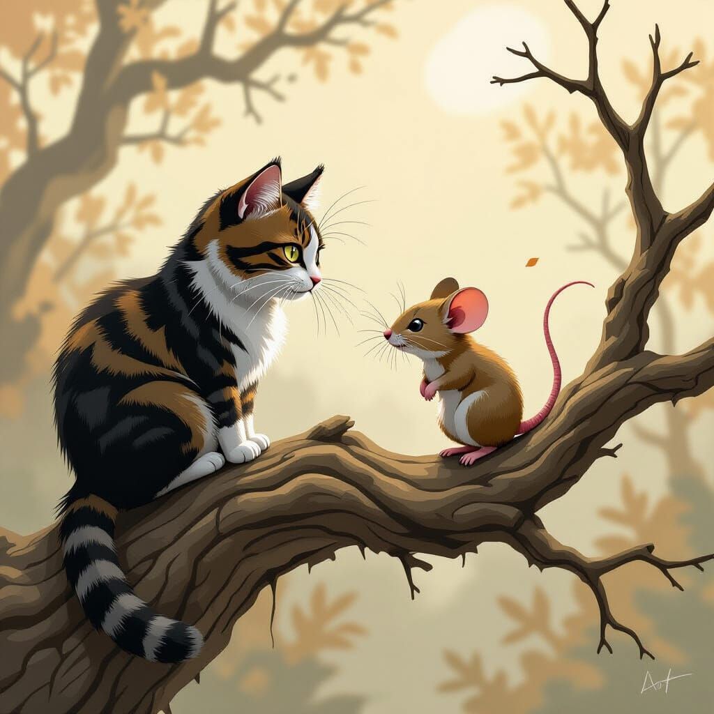 Predator + Prey: cat and mouse, both on the tree