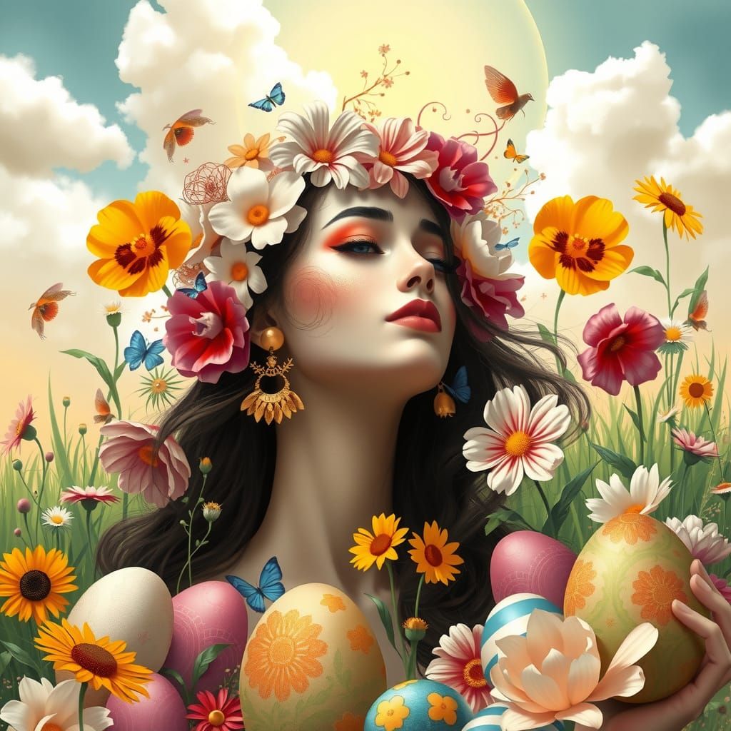 Whimsical Art Nouveau Woman in Easter Garden