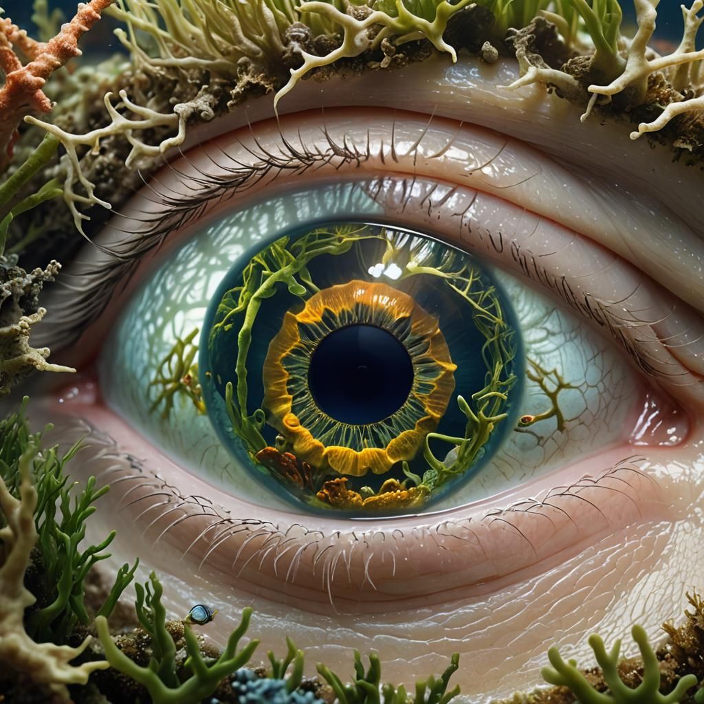 Eye Pupil Reflecting an Underwater Aquarium World