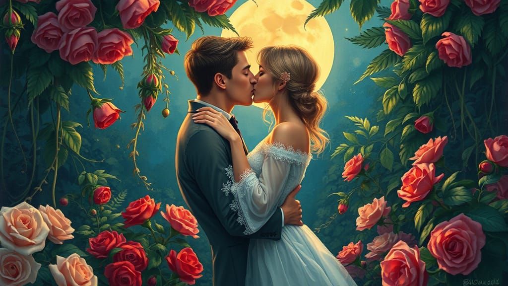Romantic Impressionist Couple Shares a Tender Kiss in a Moon...