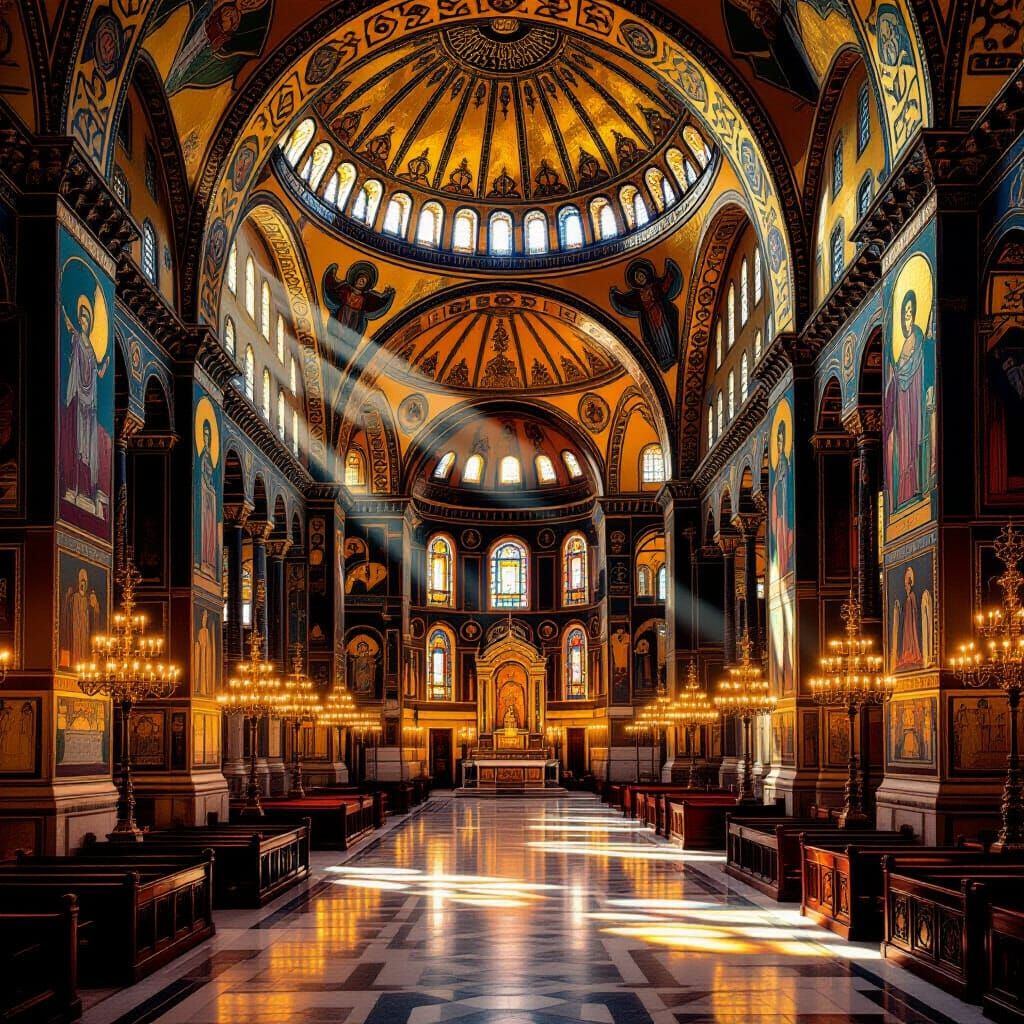Byzantine Church Interior: Candlelit Mosaics and Stained Gla...