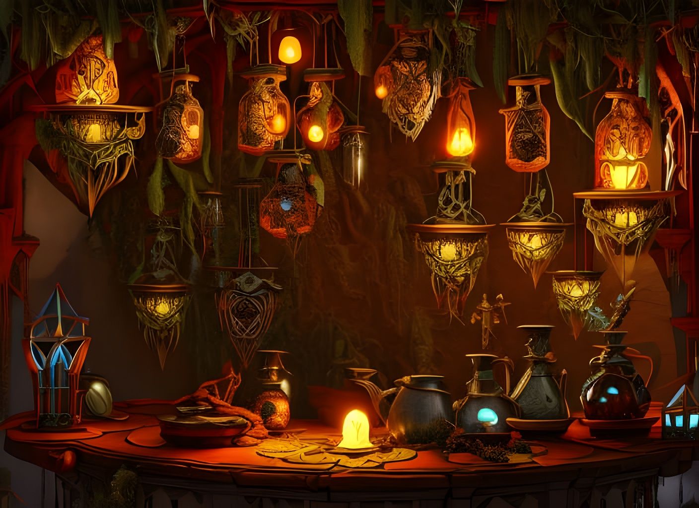 Detailed Alchemist's Lab with Magical Potions