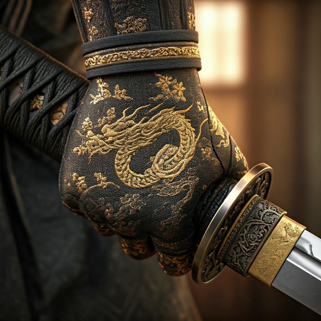 Samurai's Hand Gripping Katana Hilt in Traditional Style