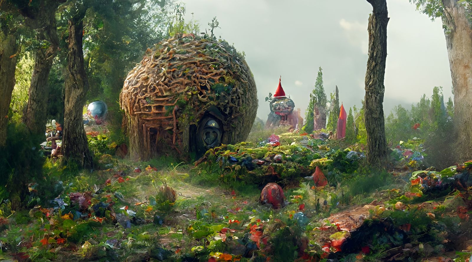 Cosmic Gnome Home Surrounded by Flowers