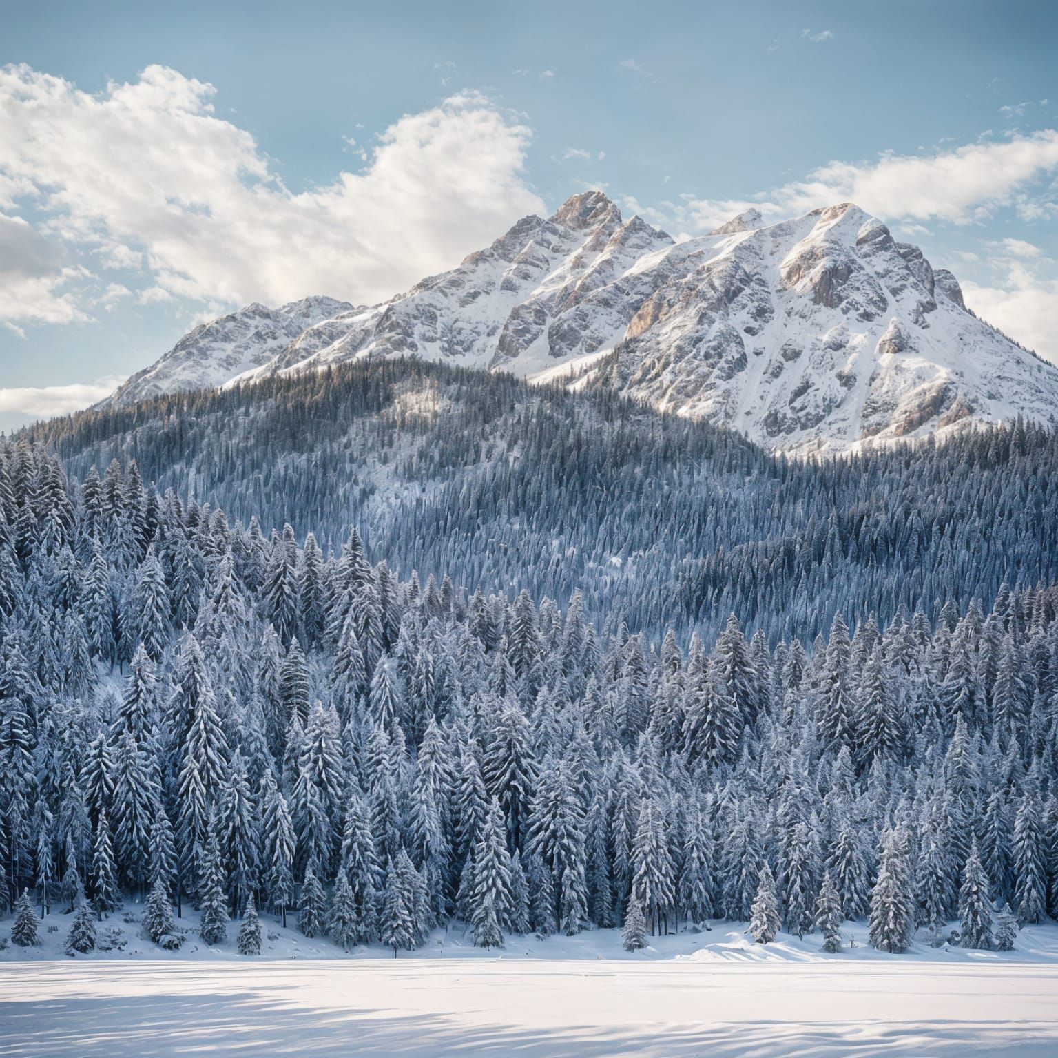 Snowy Mountain Behind Pine Forest and Lake