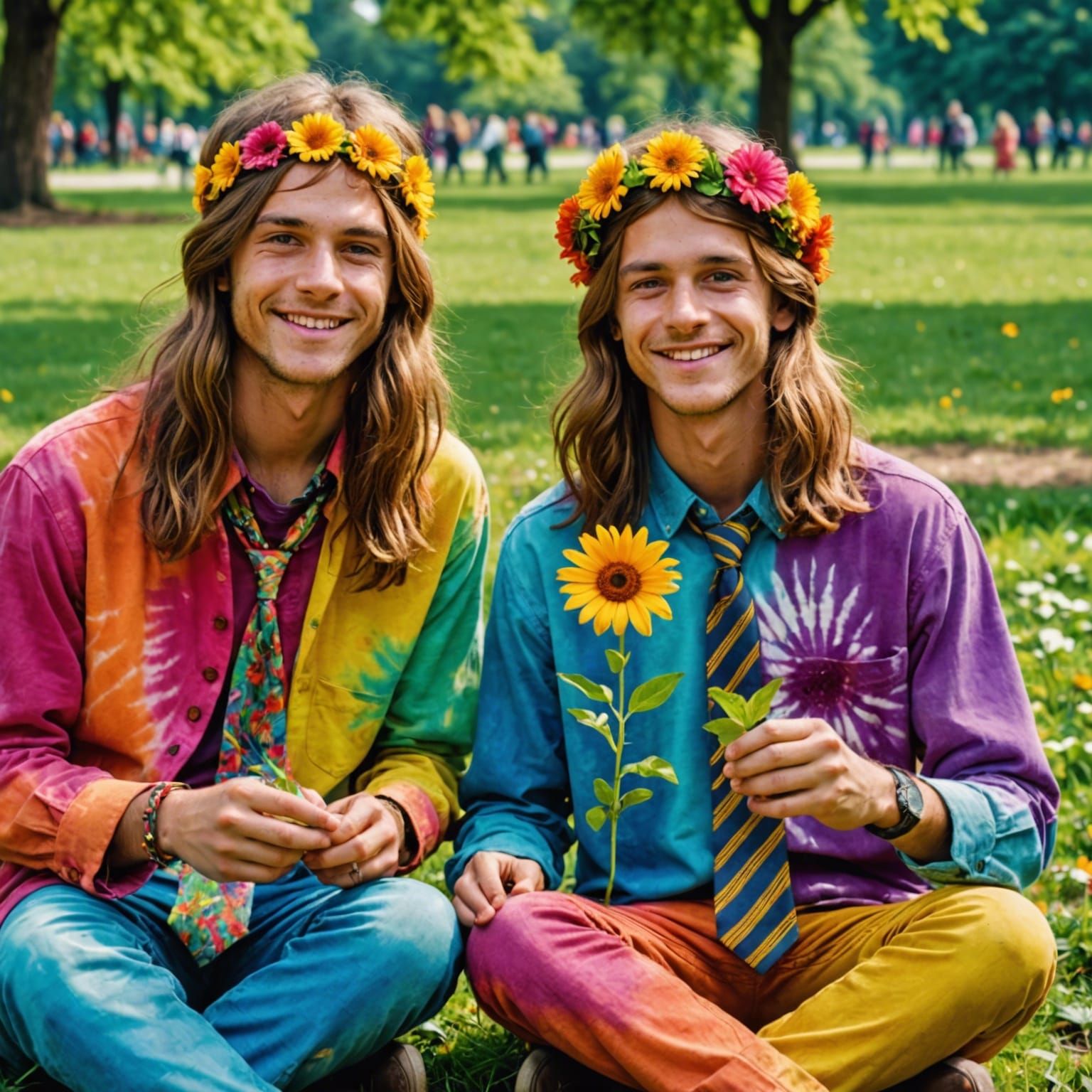 Happy Hippies in Park, Hyperrealistic 1960s Style