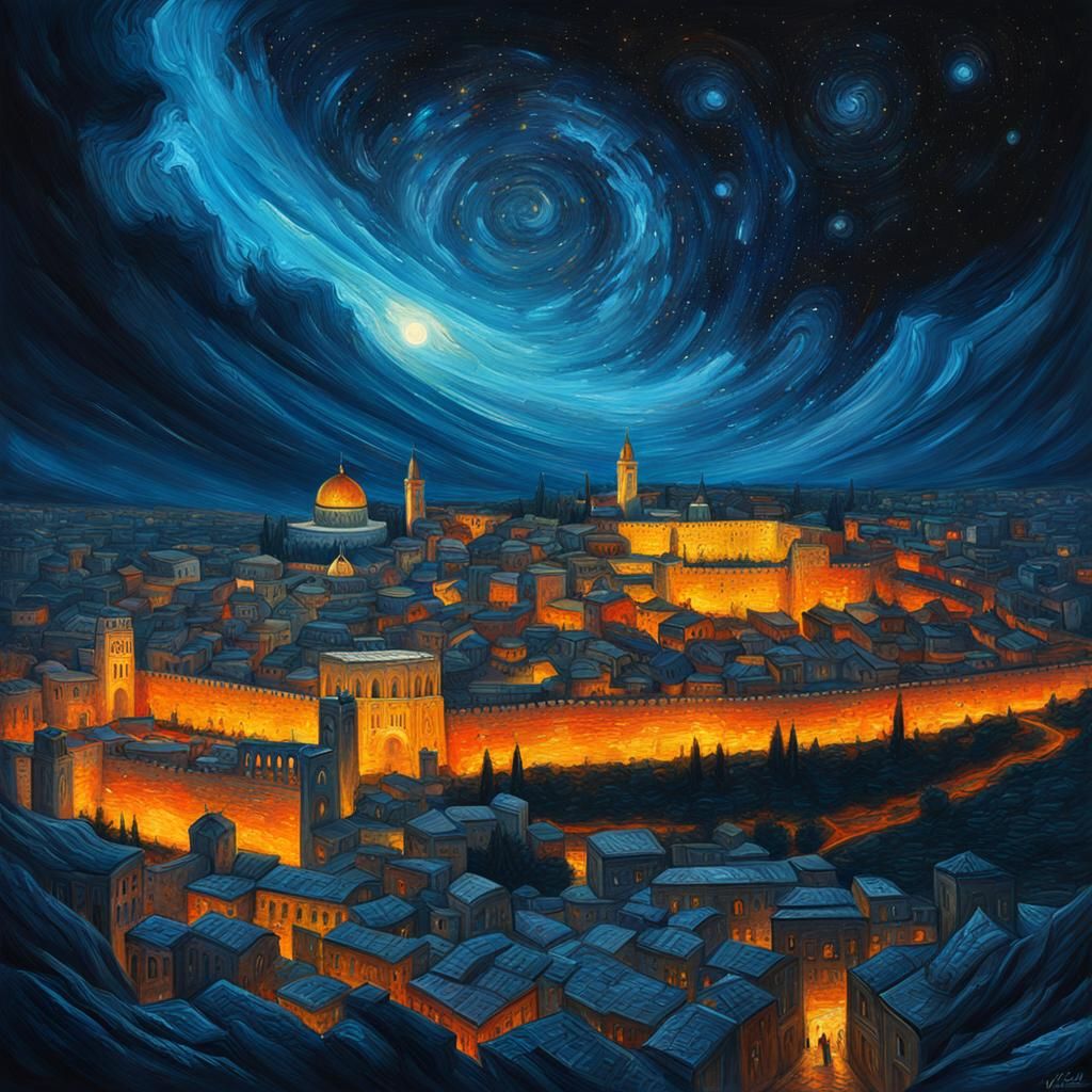 Abstract Jerusalem Oil Sketch with Starry Sky