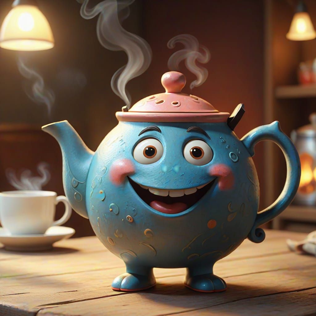 Smiling Teapot and Cup in Digital Matte Painting Style