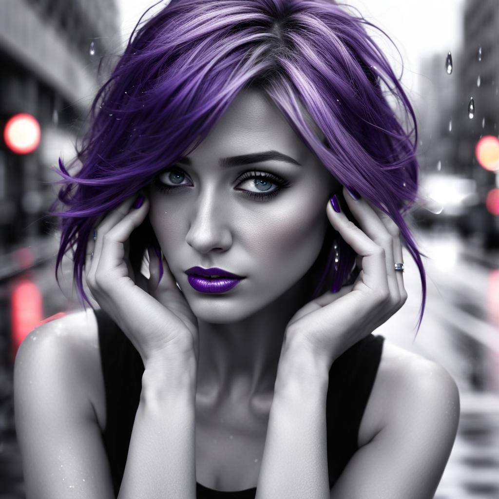 Grayscale Girl with Violet Hair in Rainy City
