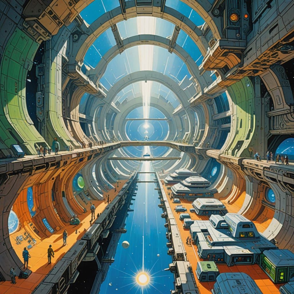 Futuristic Spaceport Interior in Gouache and Watercolor Styl...