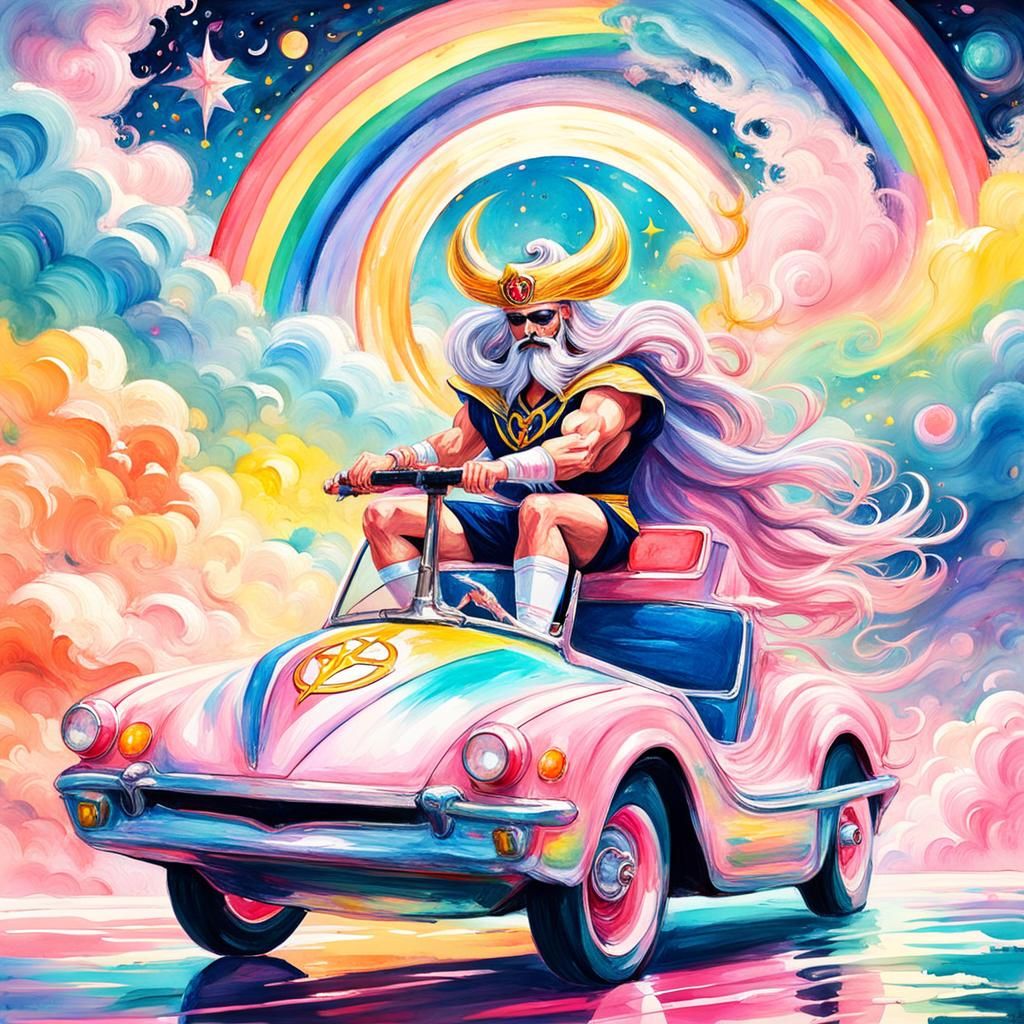 Pastel Gothic Macho Man Rides Rainbow Car