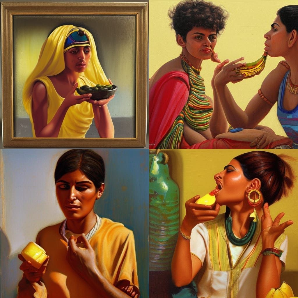 Egyptian Woman Eating Banana as Oil Painting