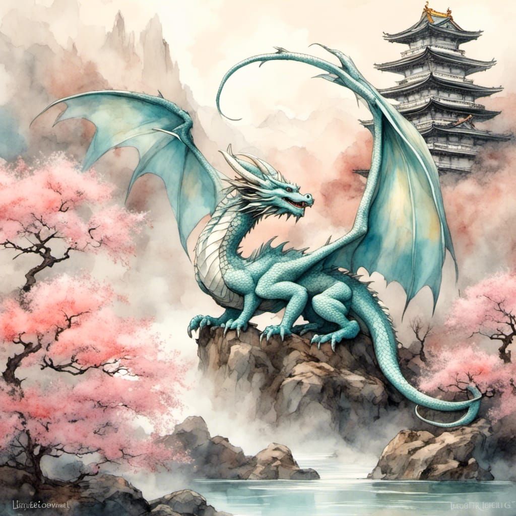 Pastel Dragon in Japanese Watercolour Landscape