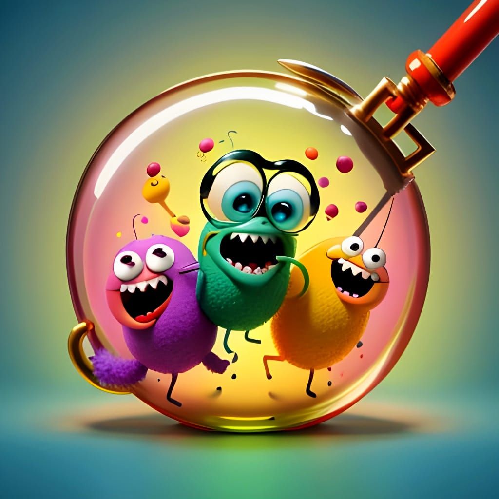 Silly Dancing Microbes with Funny Faces Under Magnifying Gla...
