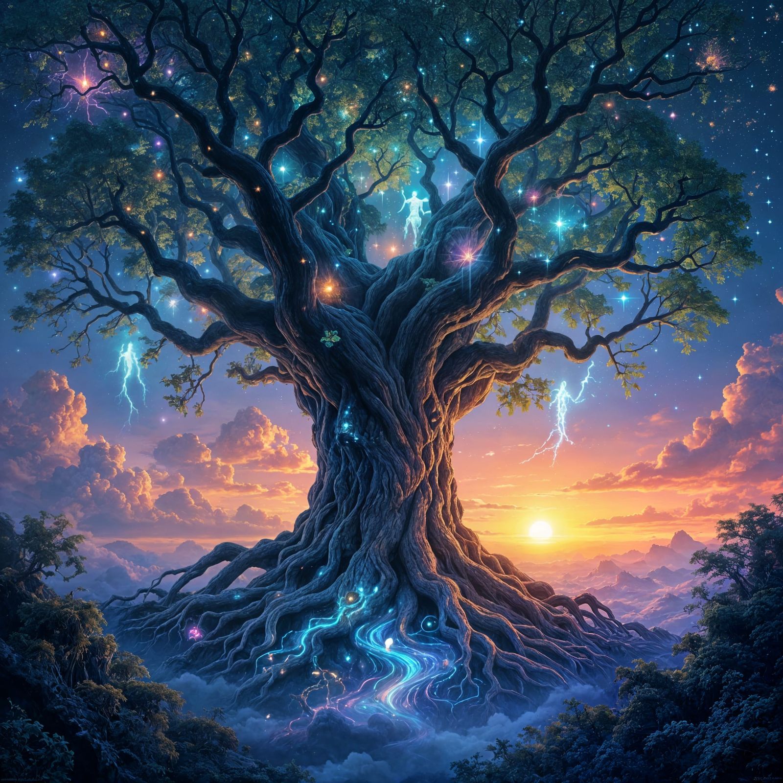 Nebula Tree at Binary Sunset: Surreal Landscape