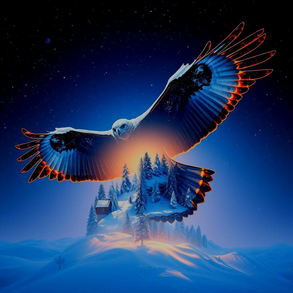 Surreal Hawk Soars Above Winter Wonderland