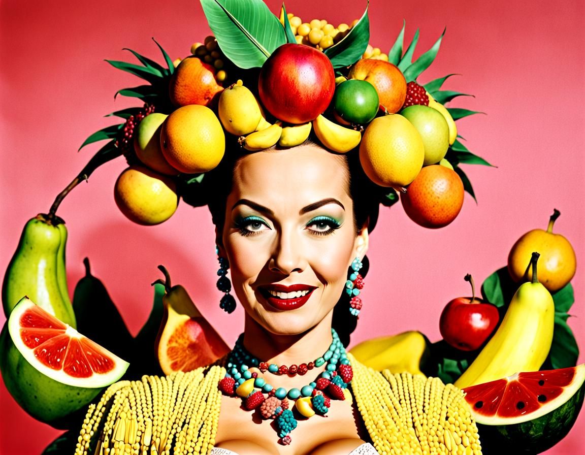 Hand tinted portrait of Carmen Miranda, wearing a fruit hat,...