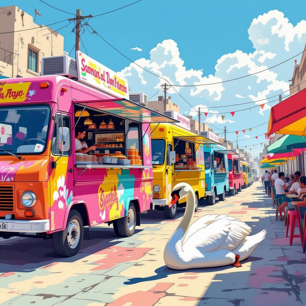 Food Trucks in Gaza with Swan: Digital Watercolor Painting