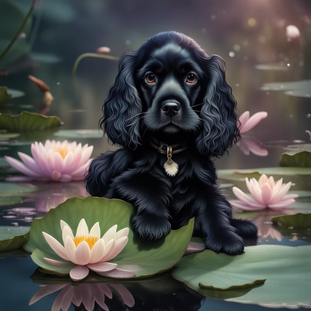 Fairy Cocker Spaniel Puppy on Water Lily